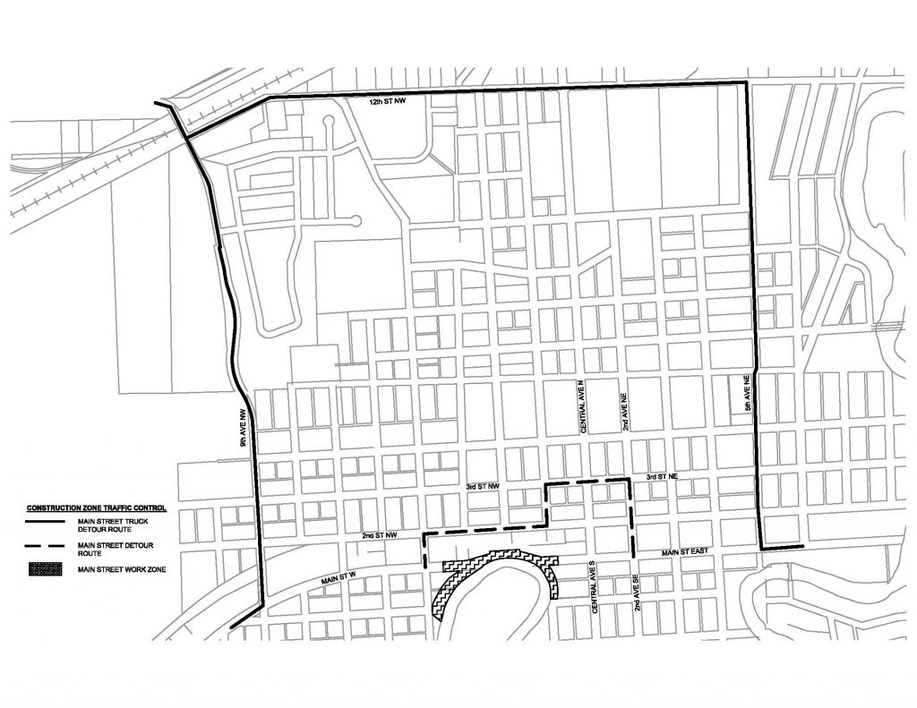 Detour map for Main Street closure between 5th Avenue NW and Central Avenue