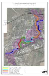Valley City Permanent Flood Protection Map provides details regarding location of installed permanent flood protection, planned permanent flood protection, and the floodway.